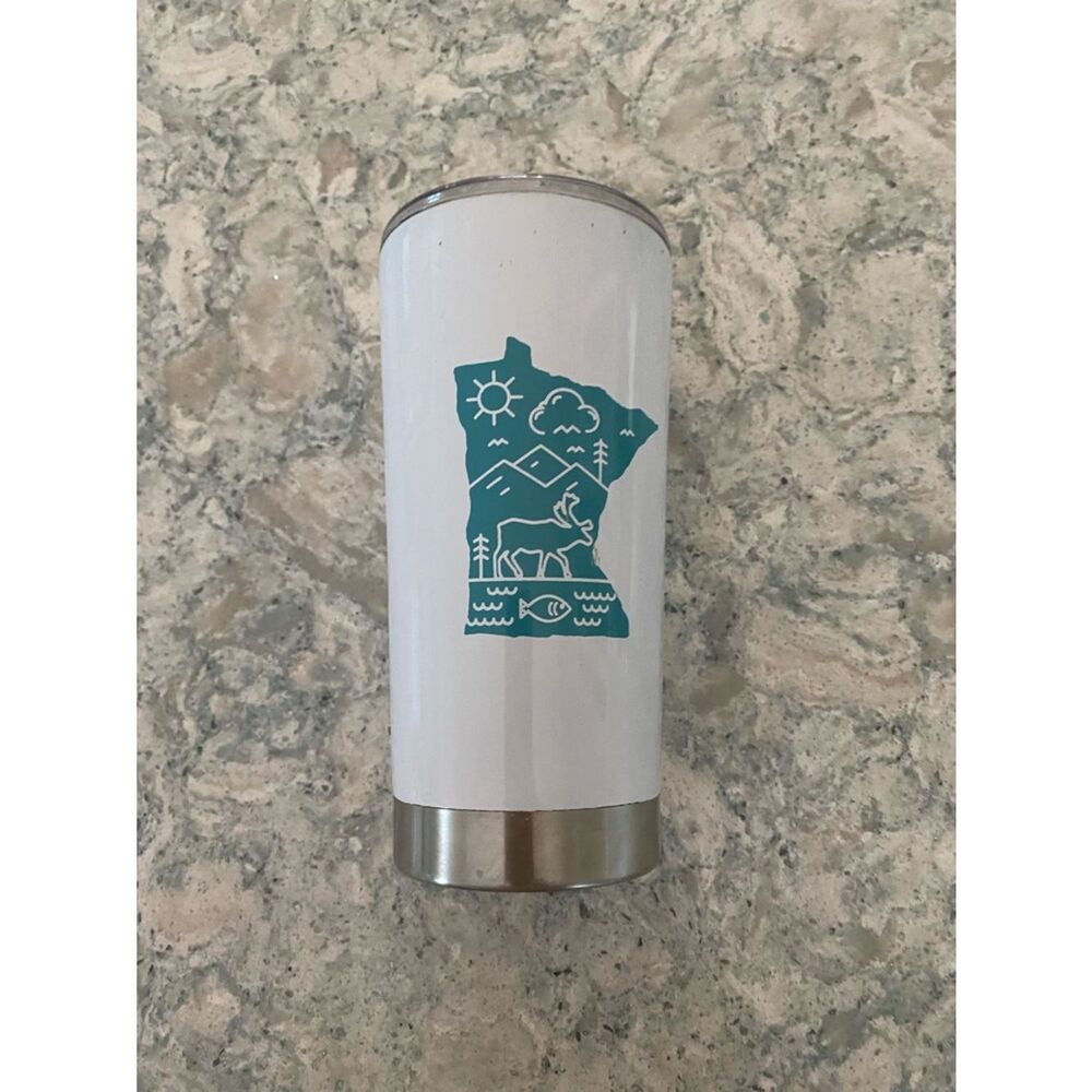 Caribou Coffee White Insulated Tumbler with Teal Minnesota Nature Design